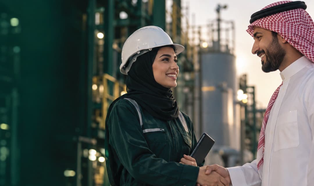 Saudi engineer and site manager shaking hands at an industrial facility